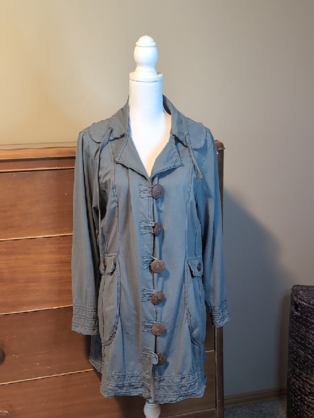 Neon Buddha Sage Green Gray Long Length Yoga Stretch Jacket Wooden Buttons XL - Picture 2 of 16